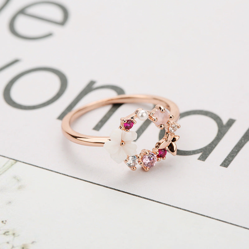 Wholesale Creative Butterfly Flower Rose Gold Micropaved Zirconia Pearl Ring